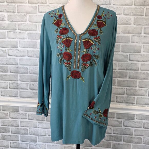 Soft Surroundings Tops - Soft Surroundings Embroidered Teal Tunic Top Feminine Flowy Resort Cottage XL